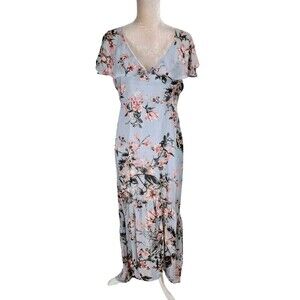 Ark nc Women Sz L Floral Gray Maxi Dress Hight Low Hem Flare Sleeve V-Neck 160P